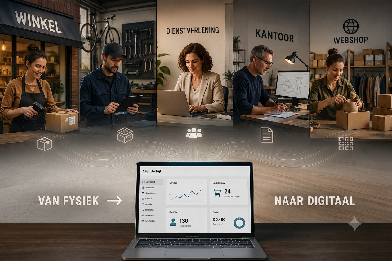 Collage van vijf lokale ondernemers (winkel, dienstverlening, kantoor, webshop en atelier) die digitaliseren, met een laptop die het dashboard ‘Mijn Bedrijf’ toont met omzet- en bestelcijfers
